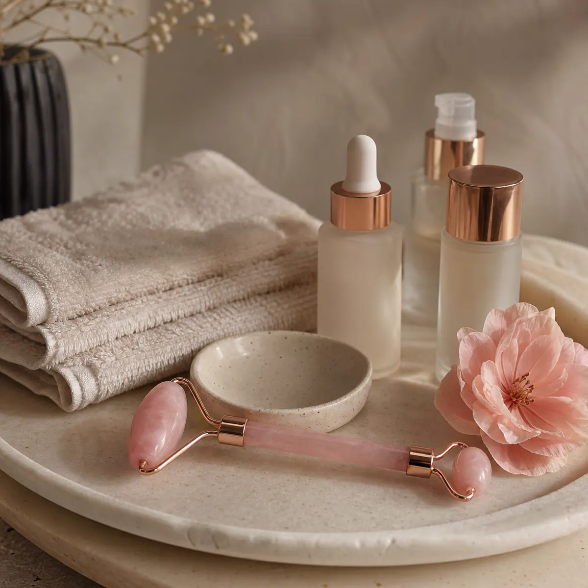 Beauty-Details mit Gesichtsmassage-Roller und Pflegeprodukten