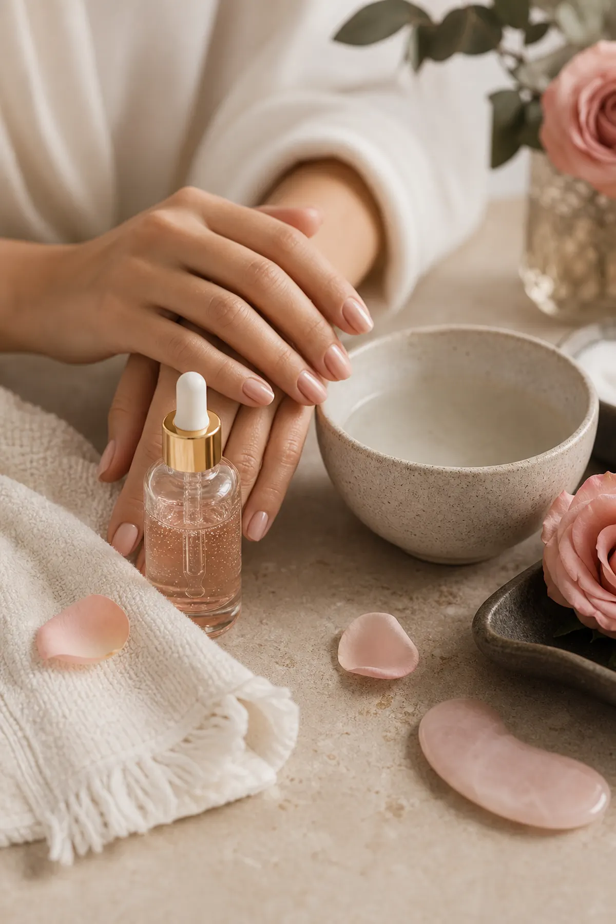 Atmosphärisches Beauty-Ritual mit Pflege und Handtüchern