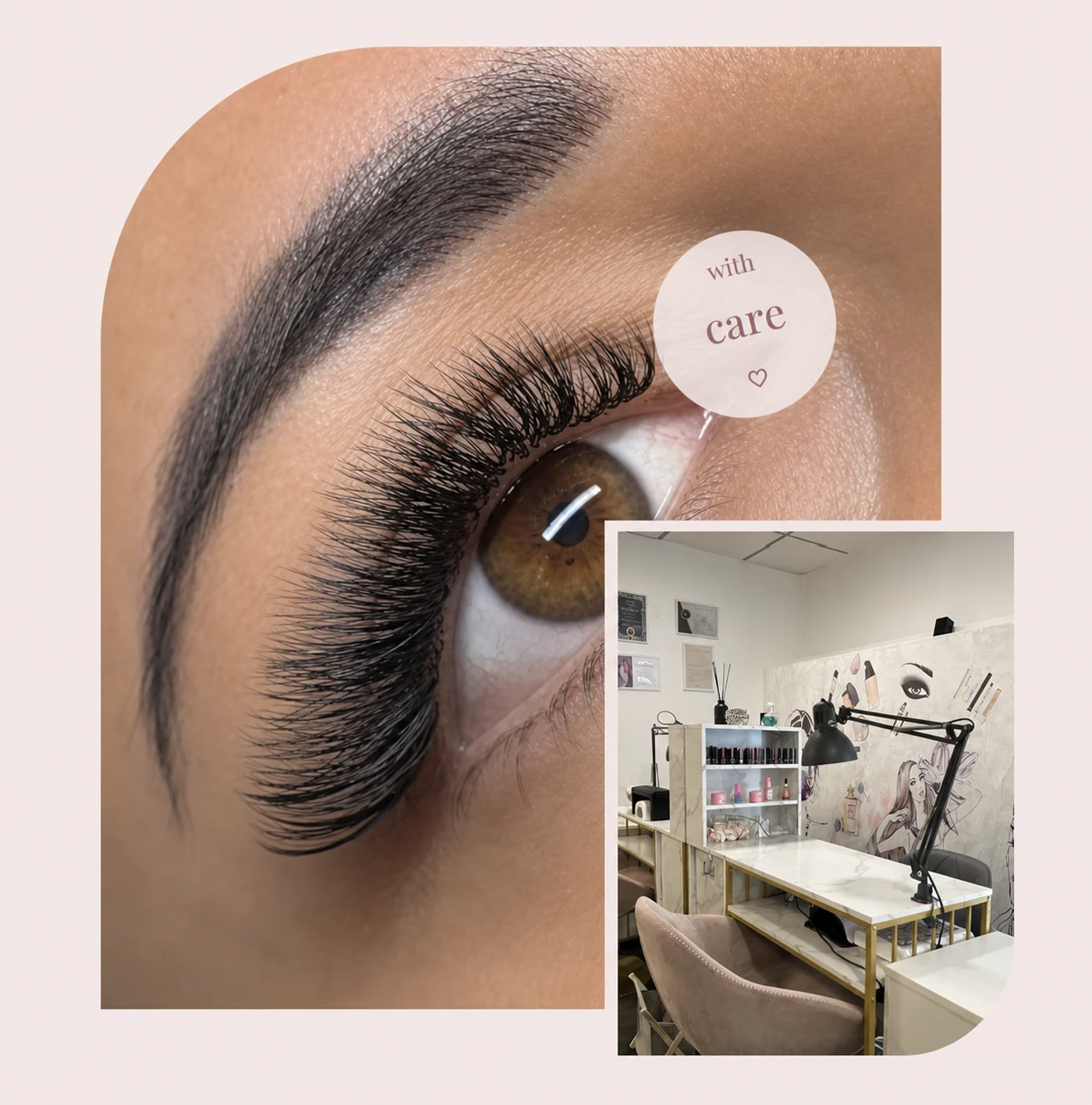 Hochauflösendes Beauty-Motiv mit Wimpern, Pflege und Studio-Einblick